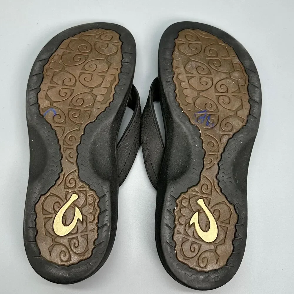 Olukai Ohana Women's Size 8 EUR 38 Flip Flop Thong Black Sandals Leather Shoes